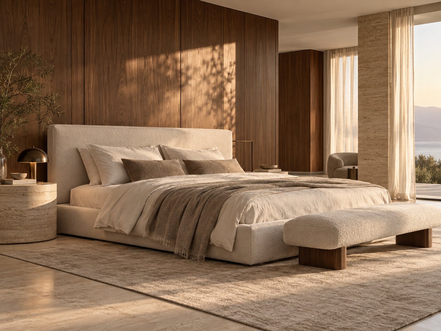 Low upholstered platform bed in a warm minimalist bedroom