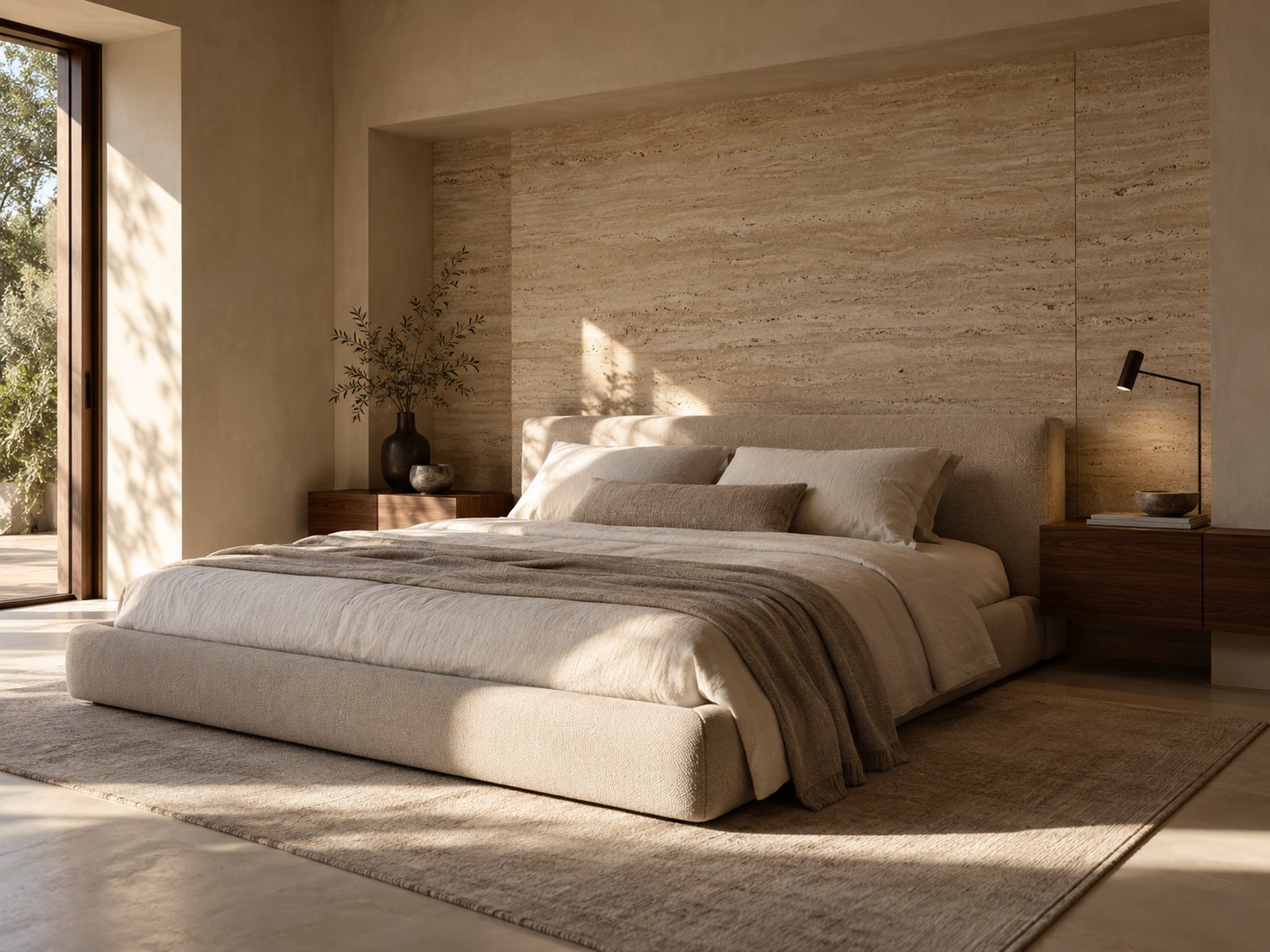 AI concept visualization of an upholstered bed against warm stone