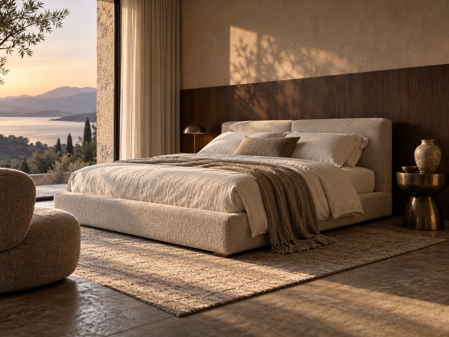 Soft upholstered bed with walnut and bronze details in warm light