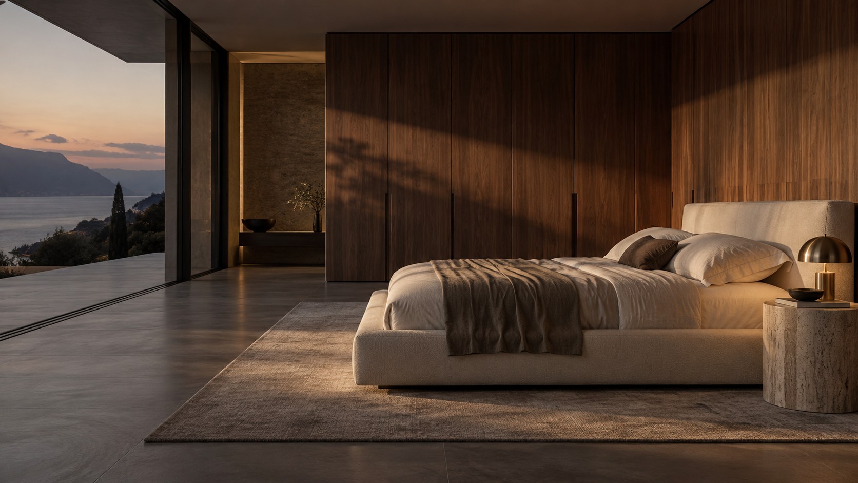 Minimal bedroom with wood paneling and upholstered bed