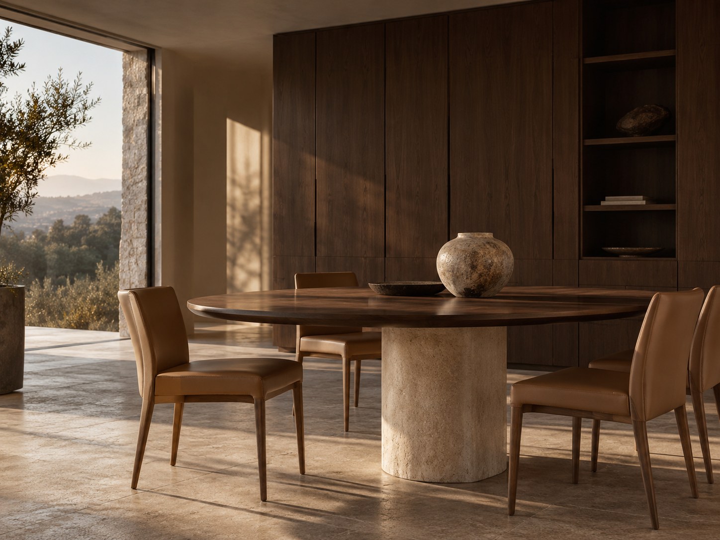 AI concept visualization of a walnut and stone dining room