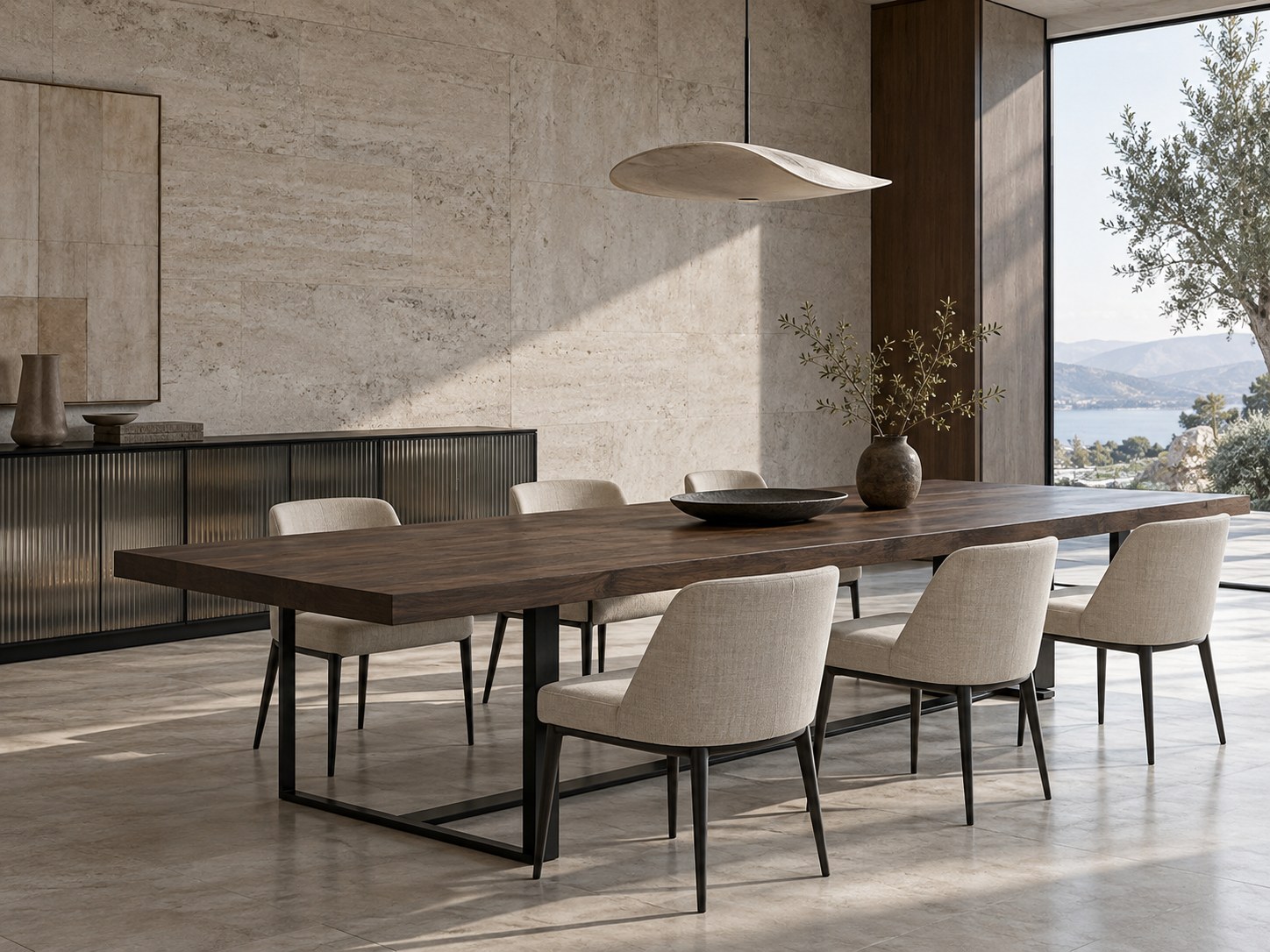 AI concept visualization of a long dark walnut dining table