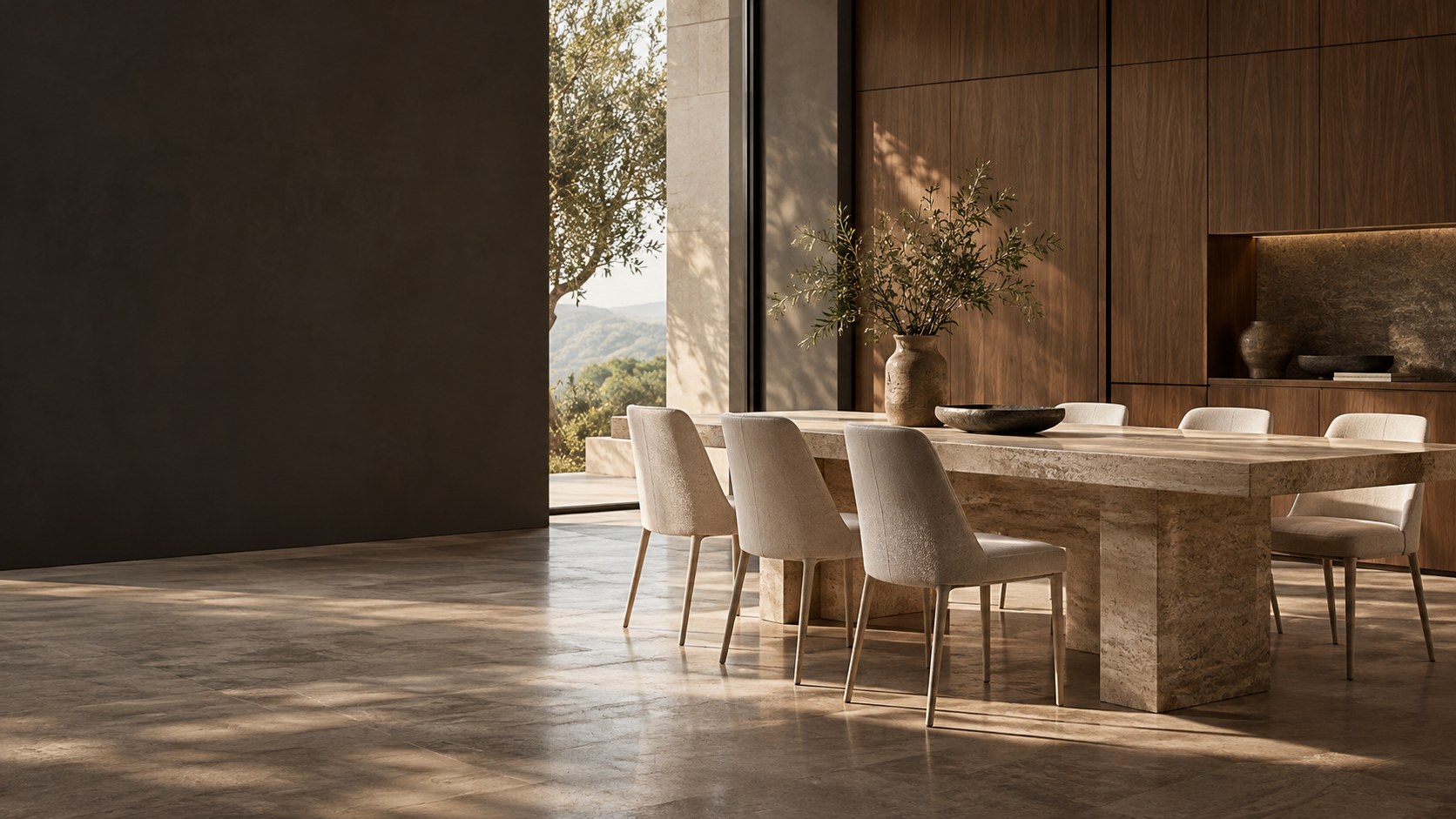 Contemporary dining area with marble surfaces and soft chairs