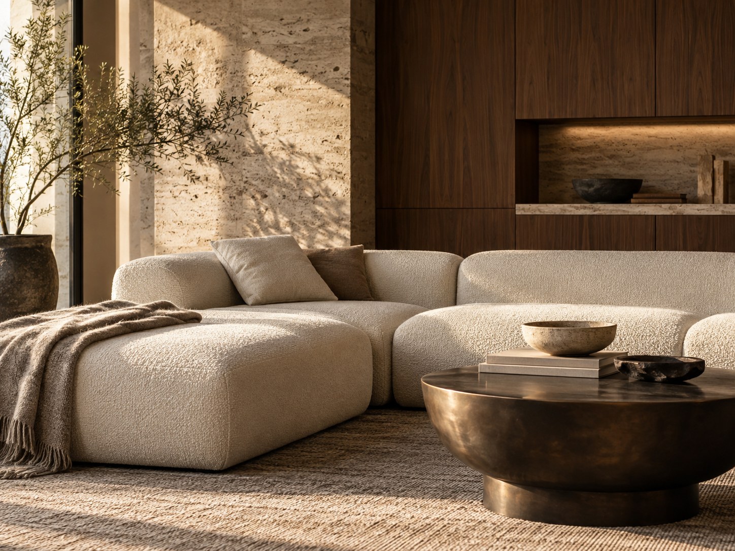 AI concept visualization of a low ivory sofa and walnut cabinetry